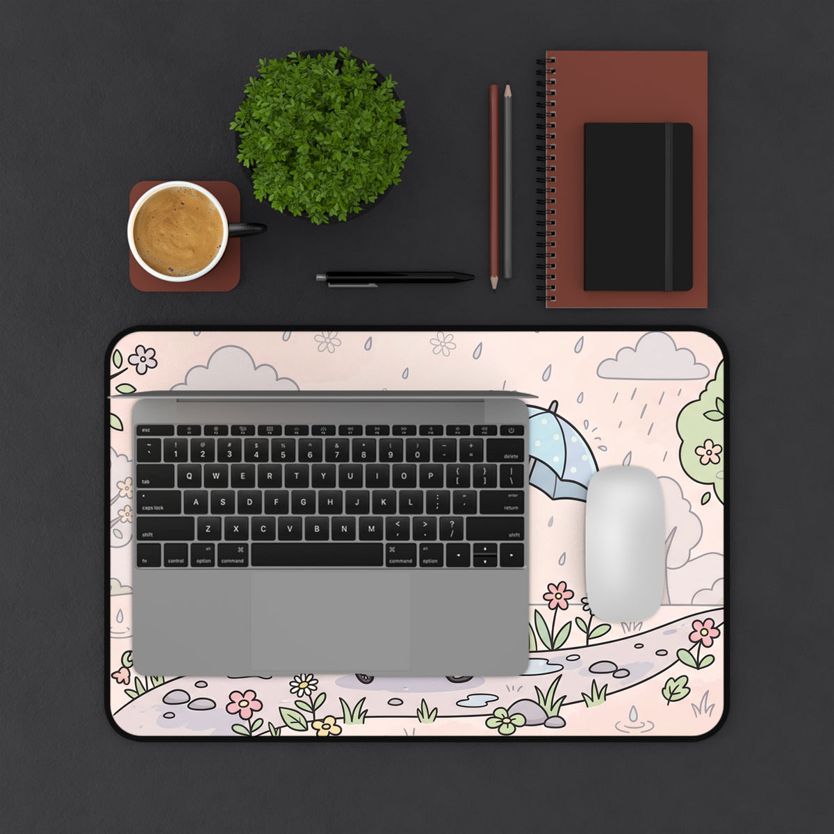 Skeleton cat desk mat with umbrella under keyboard, pastel floral rain scene and gray mouse pad