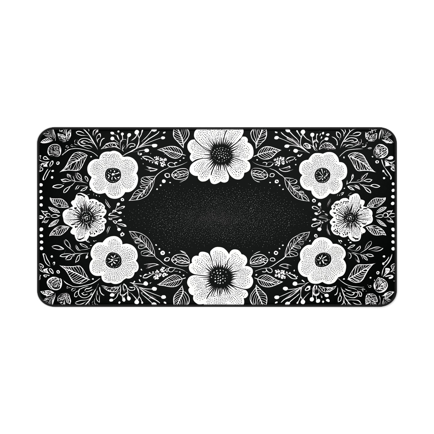 Black & White Floral Desk Mat: Hand-Drawn Botanical Mouse Pad