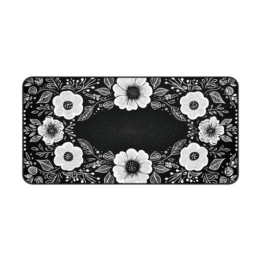 Black & White Floral Desk Mat: Hand-Drawn Botanical Mouse Pad