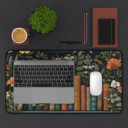 Bookshelf Desk Mat: Dark Academia Botanical Library Design