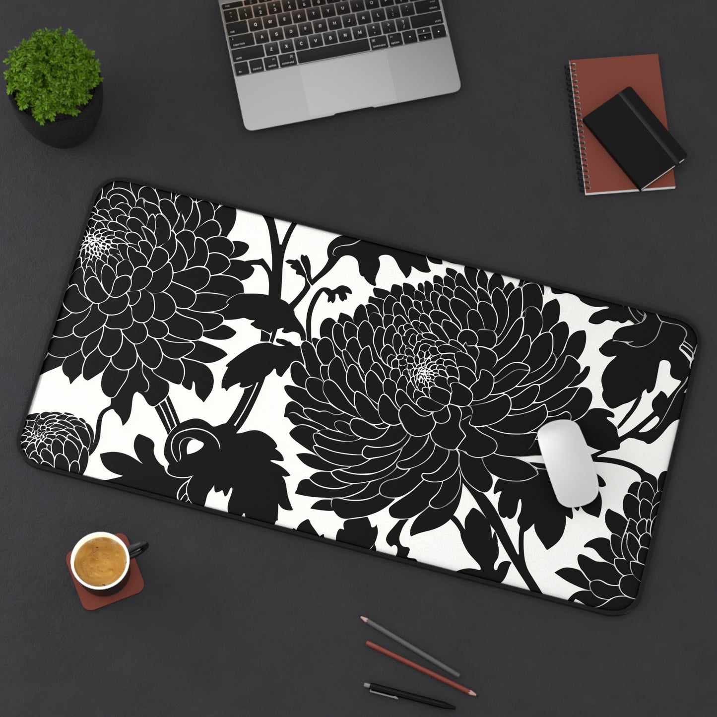 Japanese Chrysanthemum Desk Mat: Elegant Black & White Floral Mouse Pad