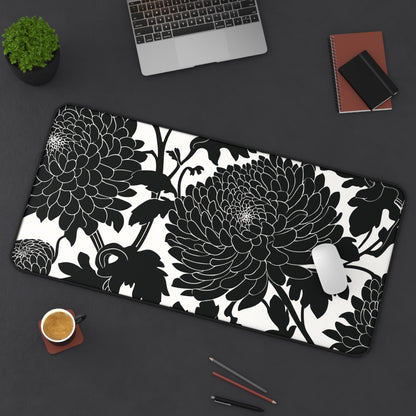 Japanese Chrysanthemum Desk Mat: Elegant Black & White Floral Mouse Pad