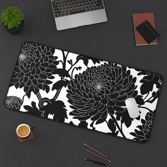 Japanese Chrysanthemum Desk Mat: Elegant Black & White Floral Mouse Pad