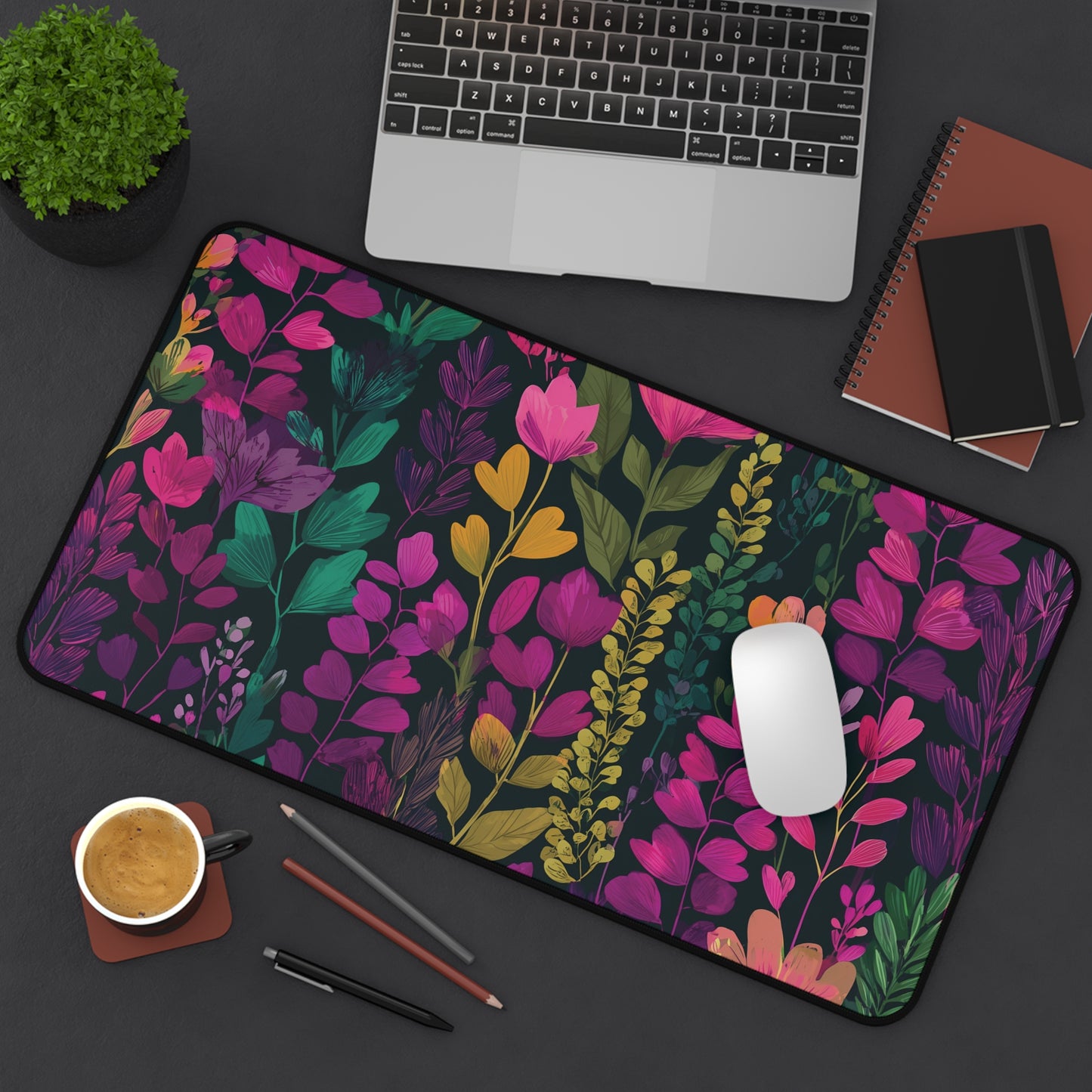 Floral Desk Mat Pink Green & Purple, Colorful Flowers Desk Pad