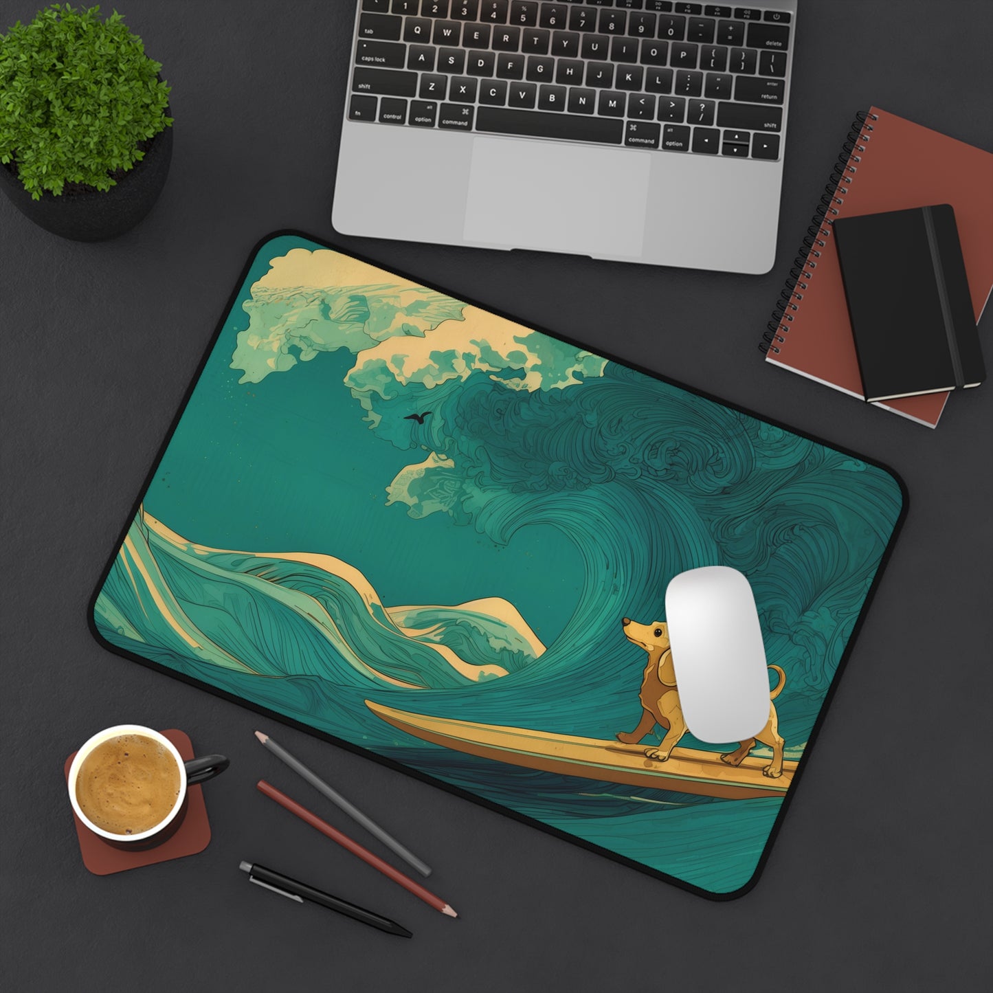 Surfing Dachshund Dog Ocean Wave Desk Mat