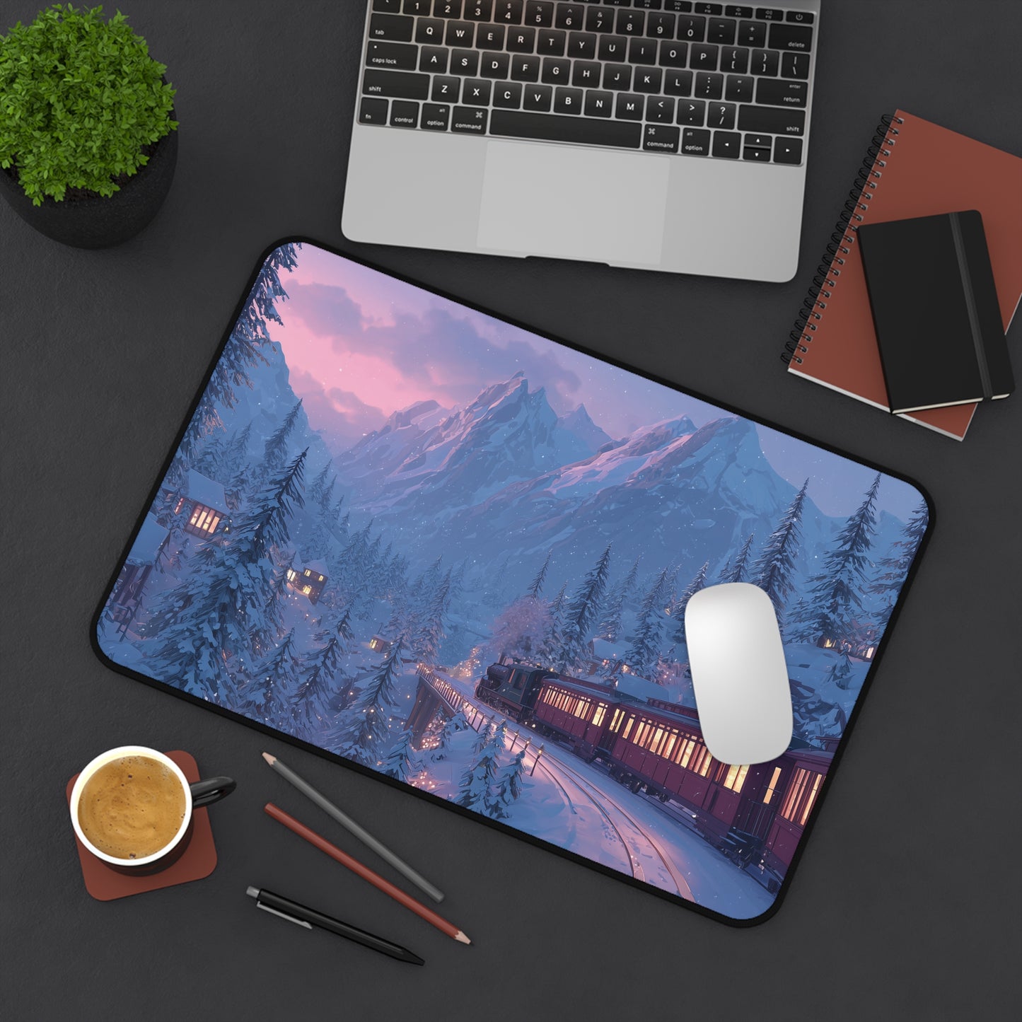 Christmas Winter Landscape Desk Mat, Red Train Desk Pad