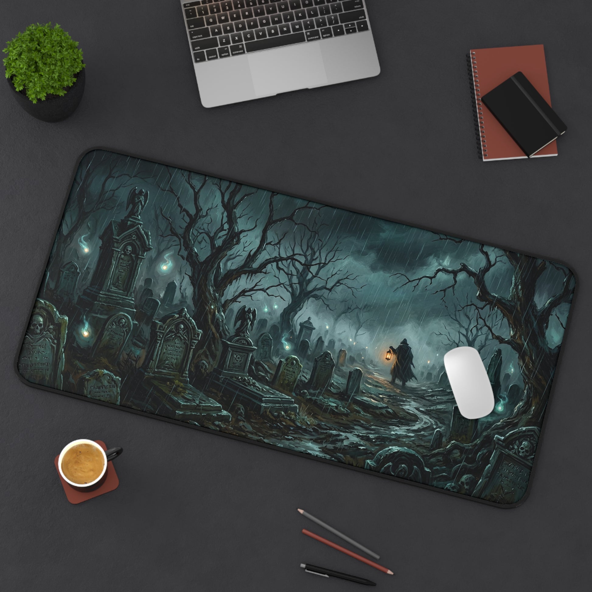 Gothic cemetery desk mat with teal glowing tombstones, wide rectangular mouse area