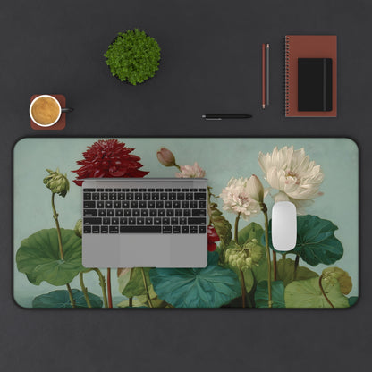 Lotus & Dahlia Desk Mat: Vintage Botanical Painting Mouse Pad XL