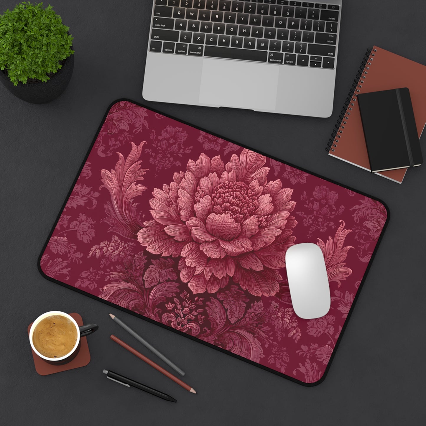 Burgundy Peony Desk Mat: Baroque Damask Floral Design