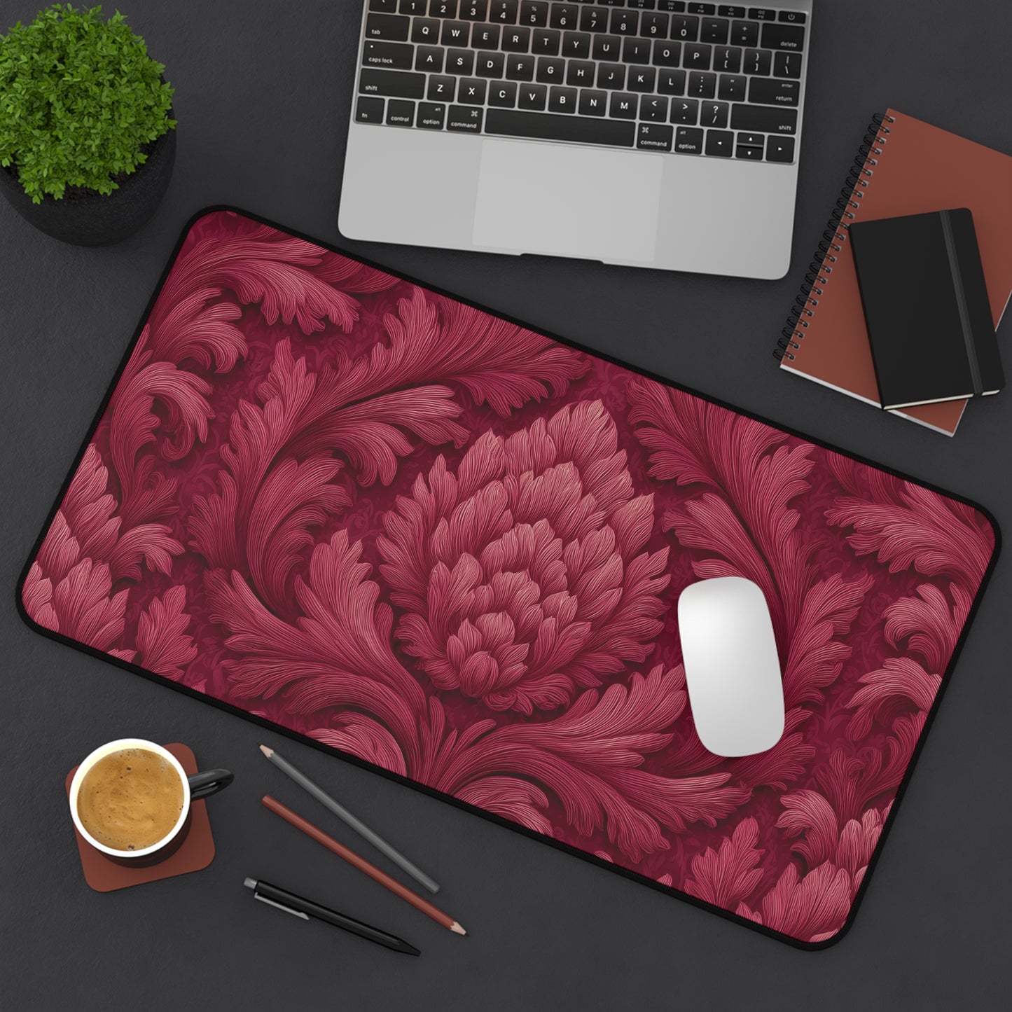 Ruby Red Desk Mat: Velvet-Look Damask Acanthus Design