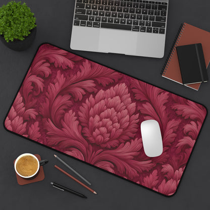 Ruby Red Desk Mat: Velvet-Look Damask Acanthus Design