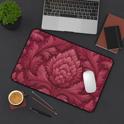 Ruby Red Desk Mat: Velvet-Look Damask Acanthus Design
