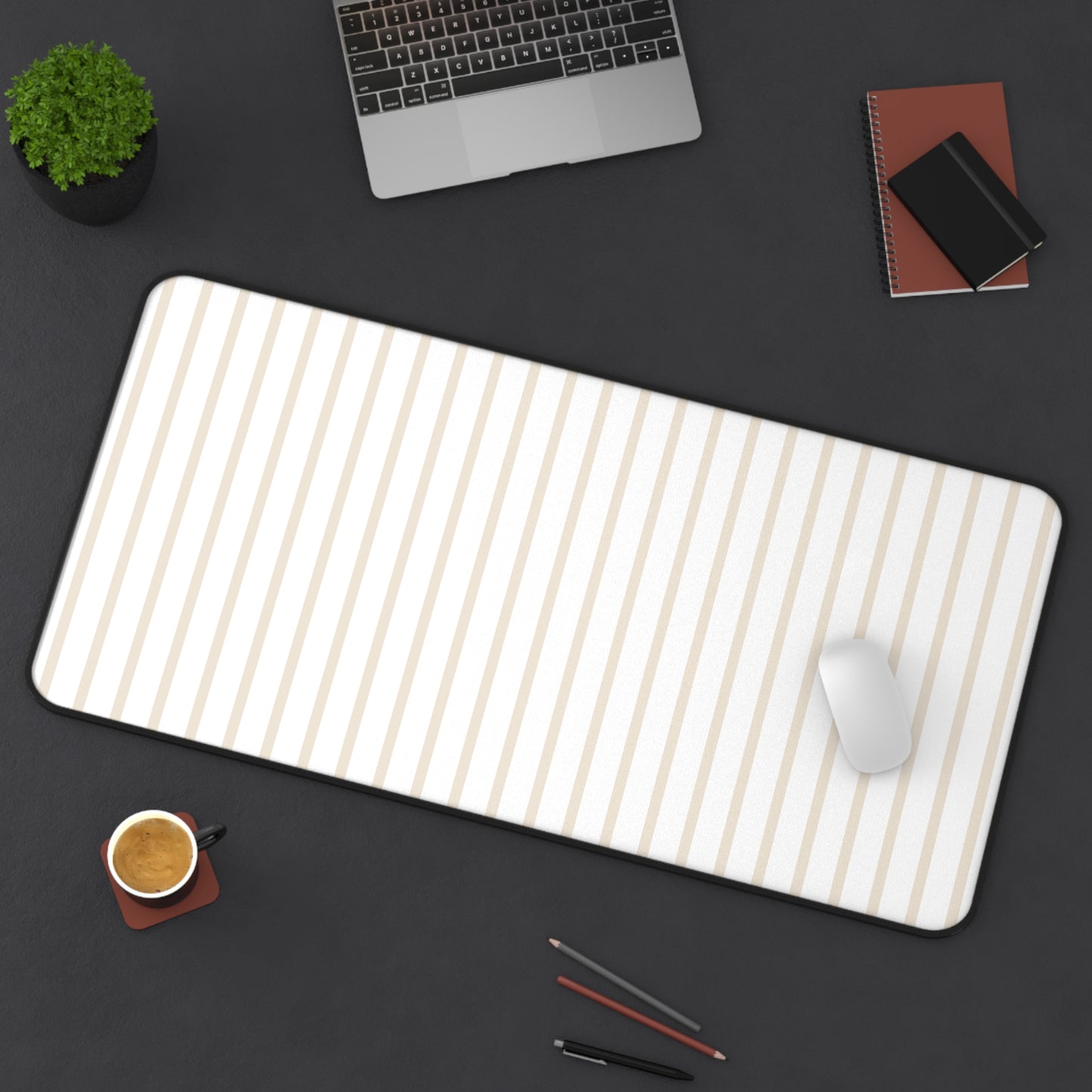 White and Beige Striped Desk Mat for Minimalist Office Decor