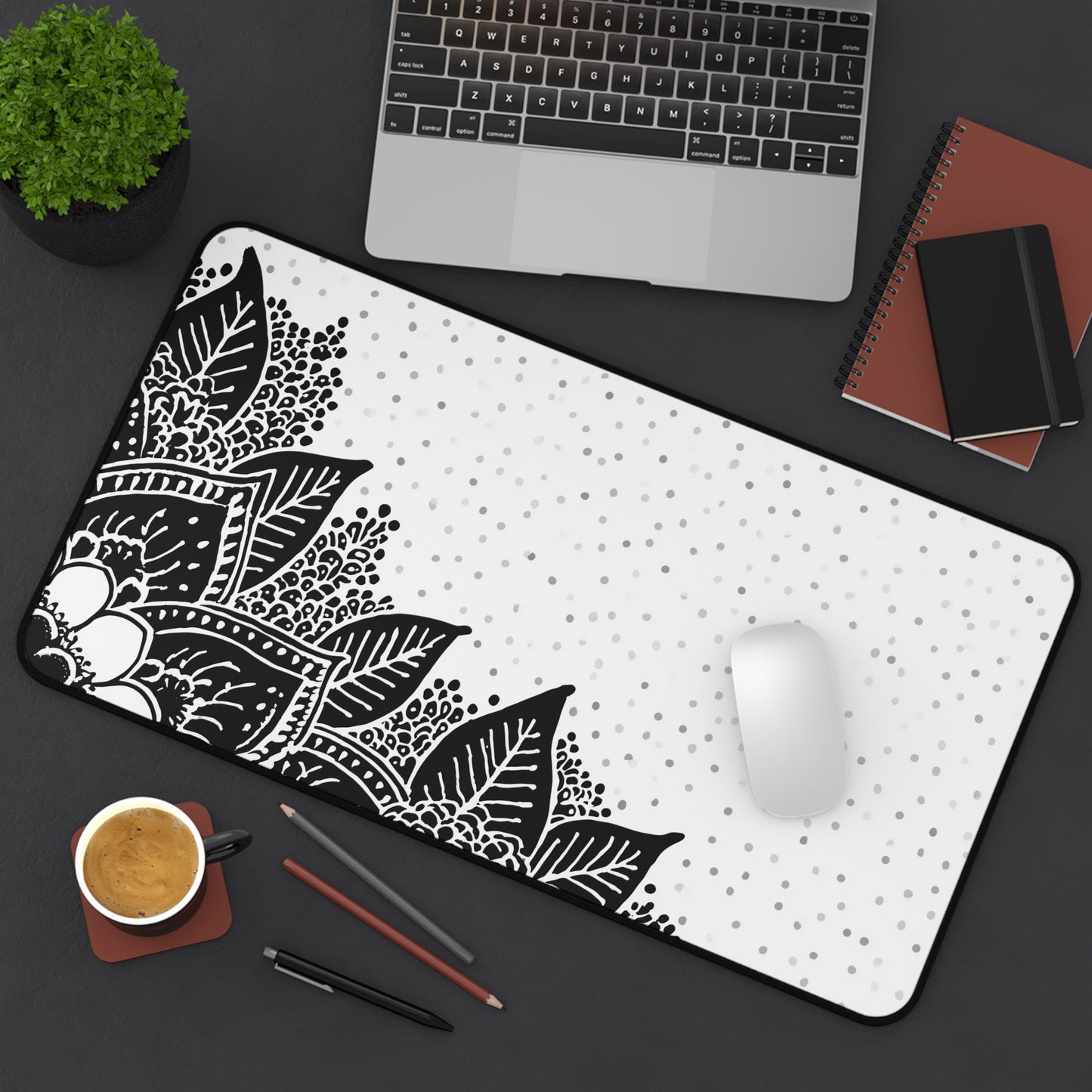 Henna Mandala Desk Mat: Black & White Boho Design