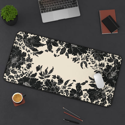Vintage Black Floral Desk Mat: Cream & Ink Botanical Computer Pad