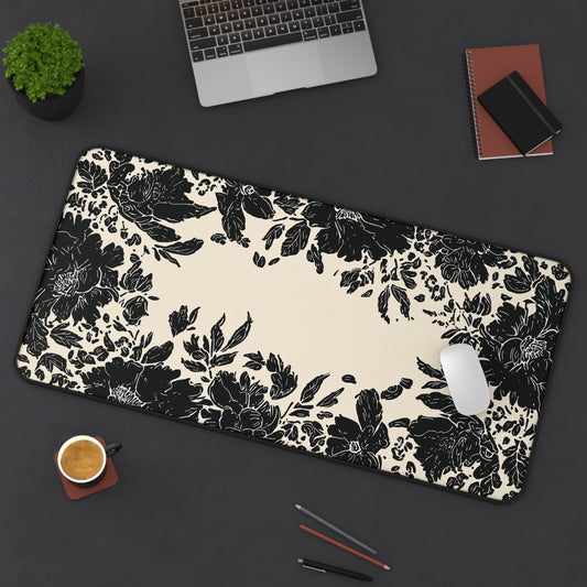 Vintage Black Floral Desk Mat: Cream & Ink Botanical Computer Pad