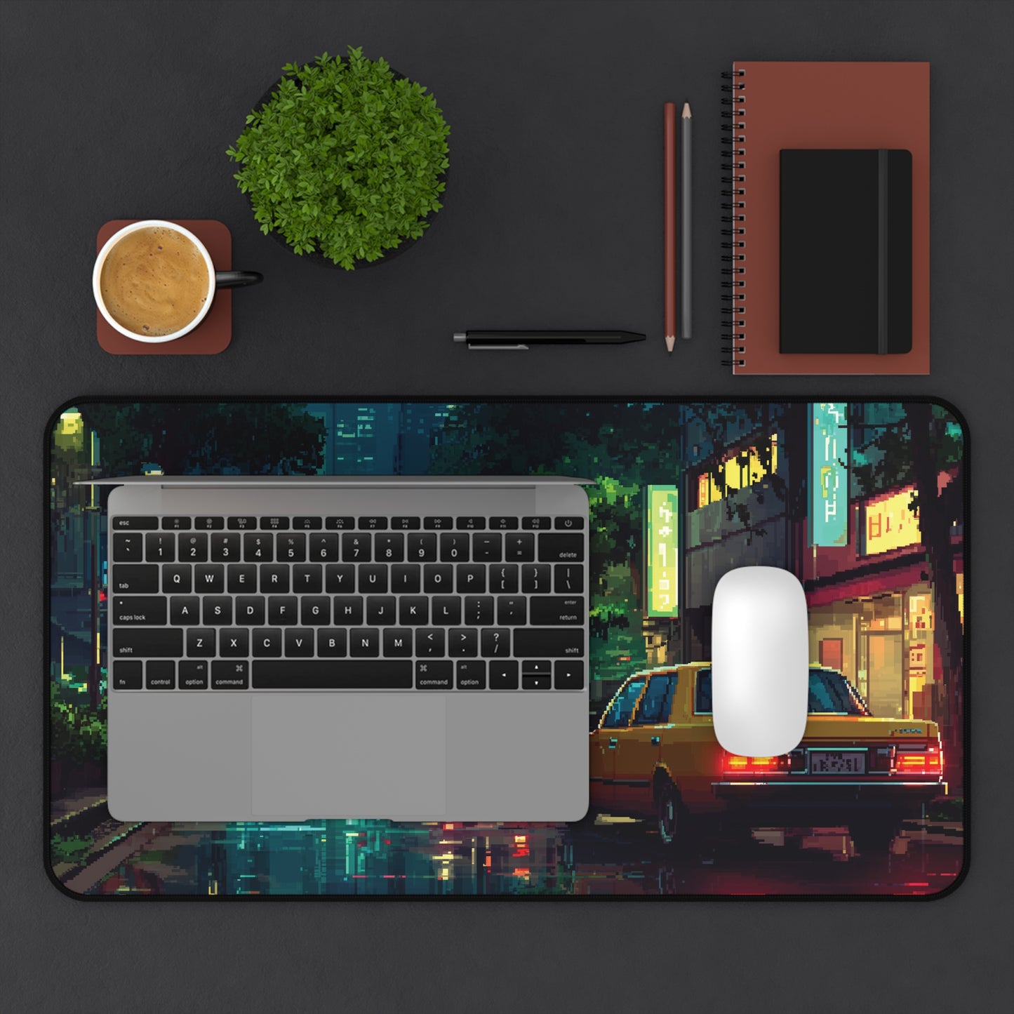 Pixel Art Desk Mat: Rainy Neon City Mouse Pad