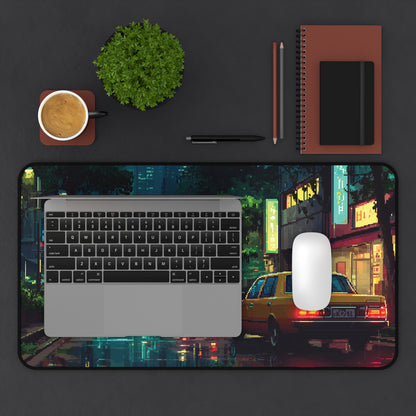 Pixel Art Desk Mat: Rainy Neon City Mouse Pad