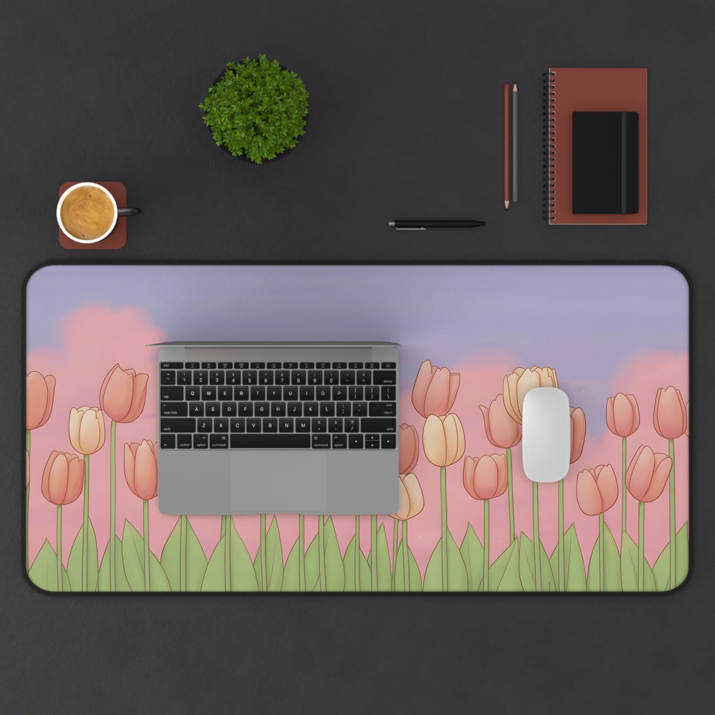 Pink Tulip Desk Mat: Soft Spring Kawaii Mouse Pad