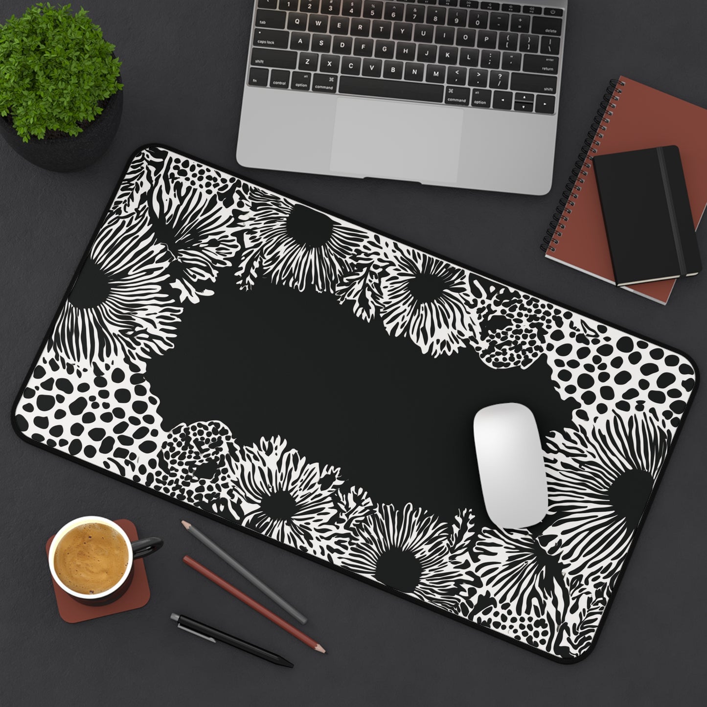 Abstract Flower Desk Mat: Modern Black & White Design