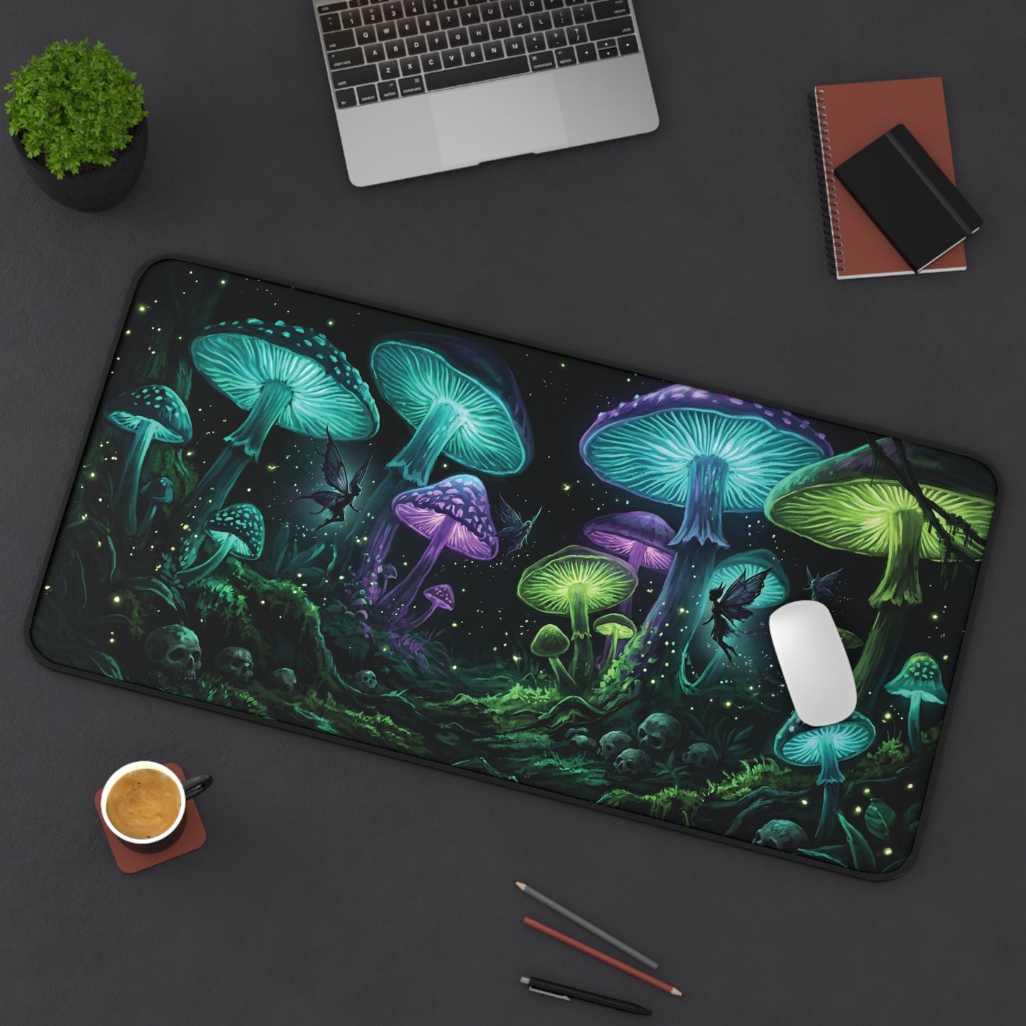 Glowing Mushroom Desk Mat: Enchanted Forest Fairy Design