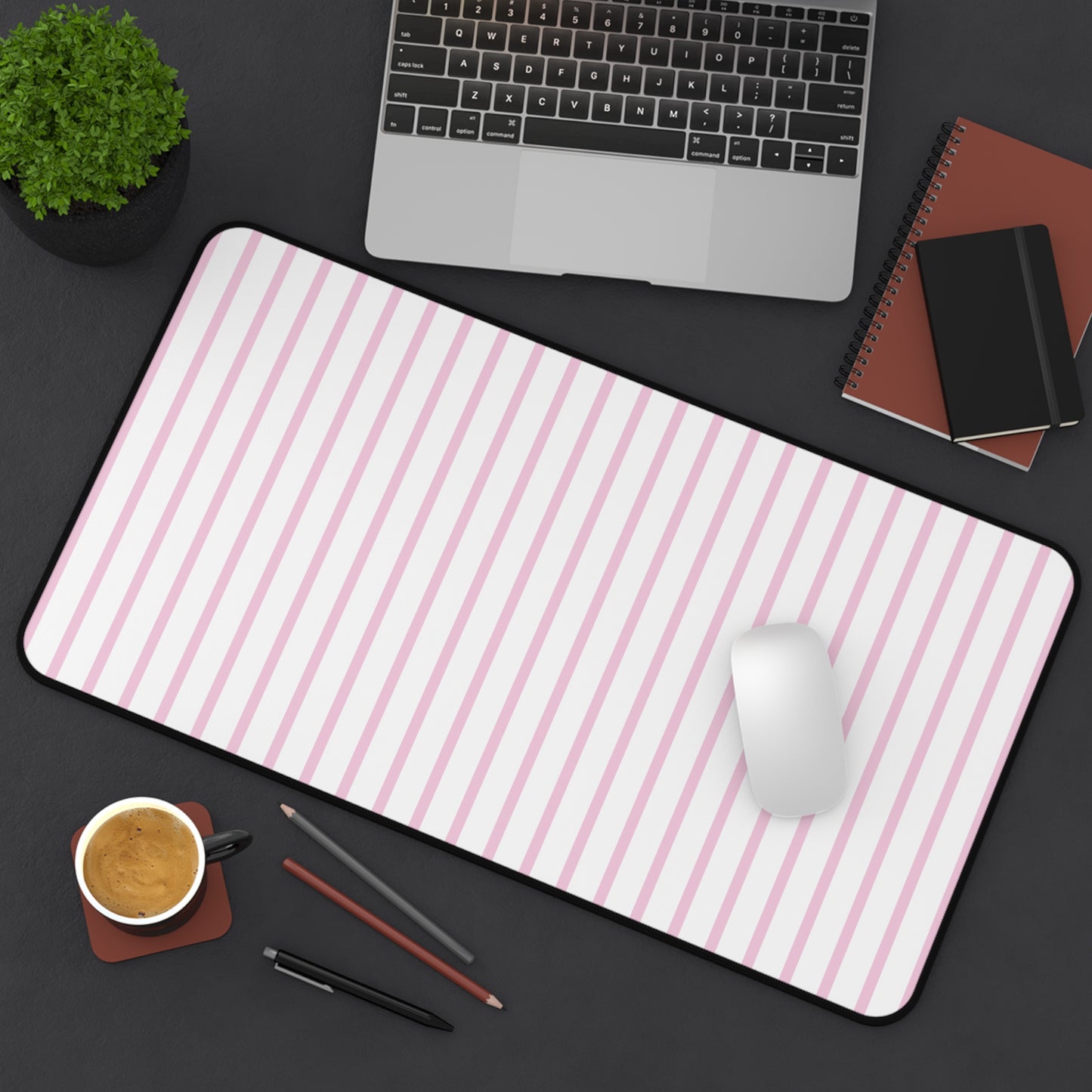 White and Pastel Pink Striped Desk Mat for Cute Office Decor