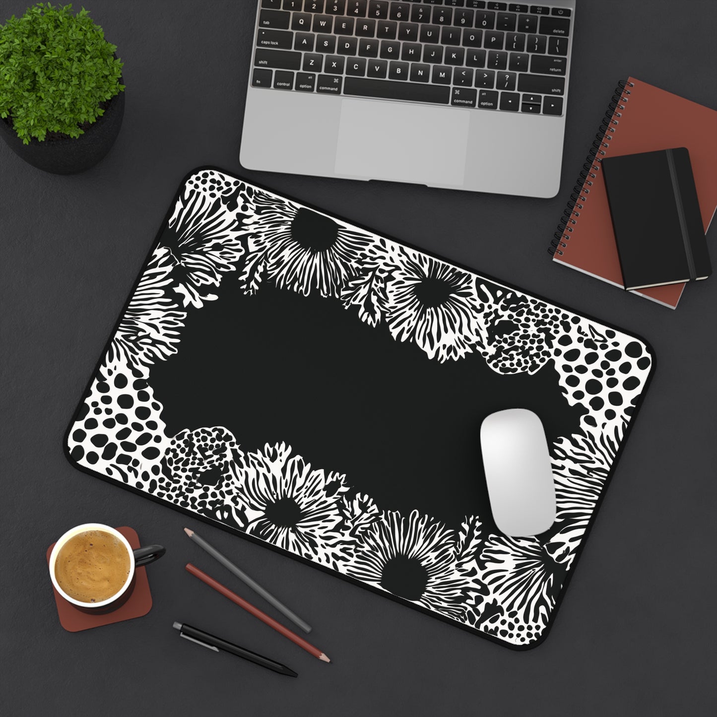 Abstract Flower Desk Mat: Modern Black & White Design