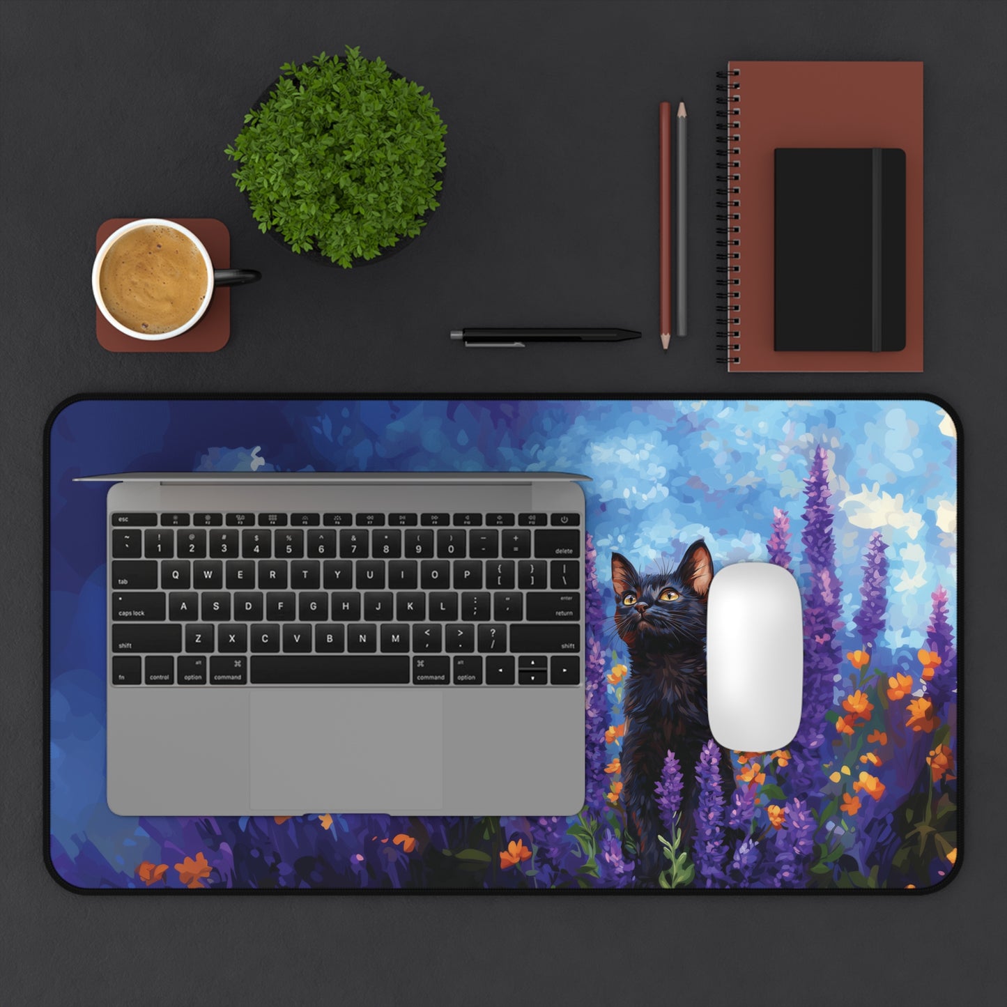 Cat Lavander Desk Mat, Flowers Aesthetic Mouse Pad, Keyboard Mat for Cat Lovers