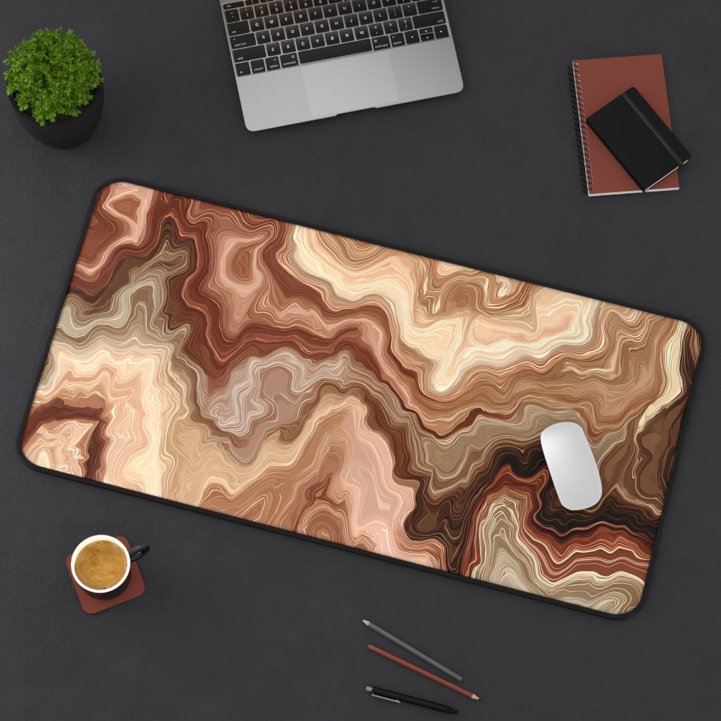 Brown Marble Wave Desk Mat: Abstract Earth Tone Mouse Pad