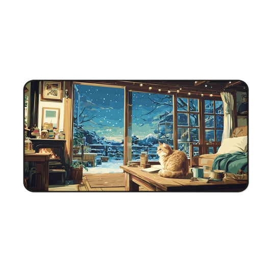 Winter Cat Desk Mat, Snowy Mouse Pad for Cat Lovers