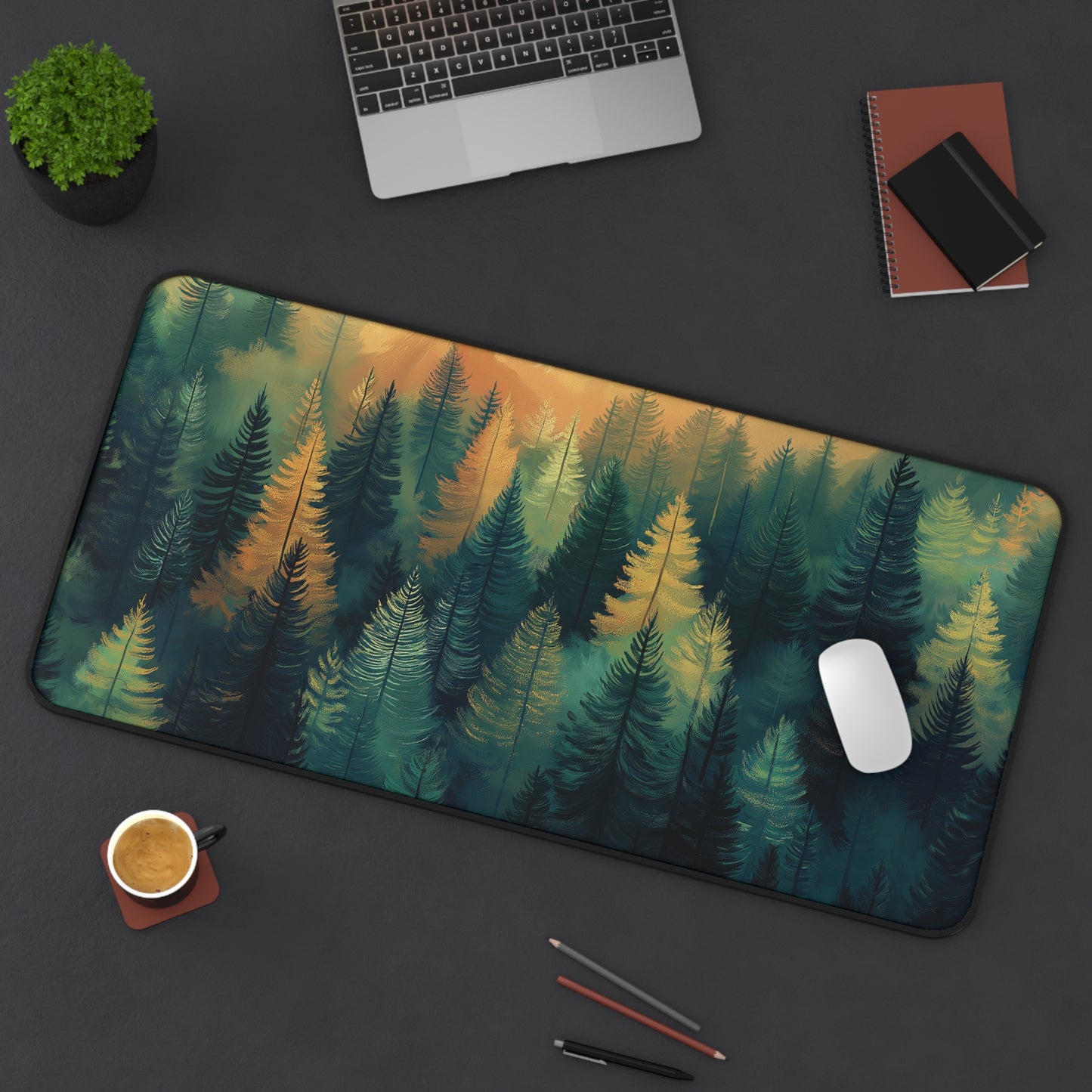 Forest Skyline Desk Mat: Green & Gold Woodland Mouse Pad