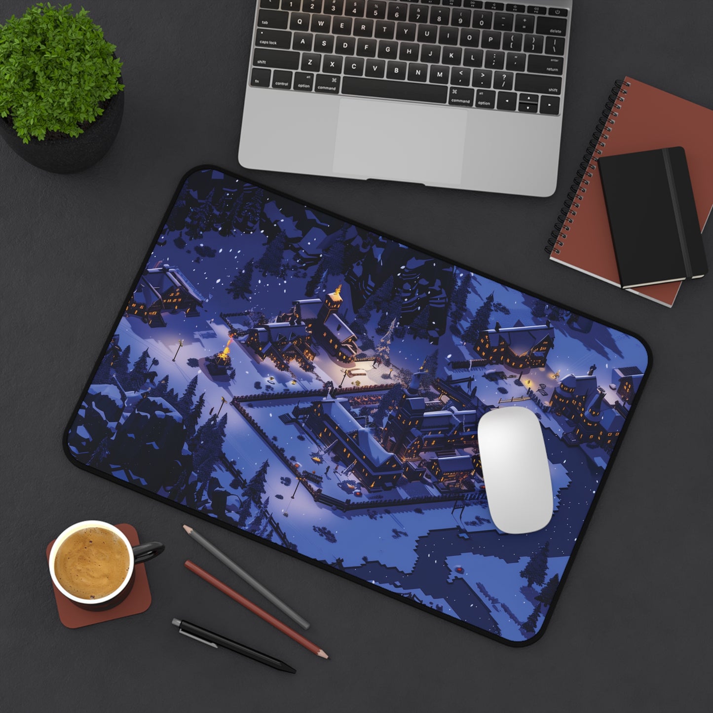 Pixel Art Snowy Winter Village Desk Mat, Christmas Mouse Pad