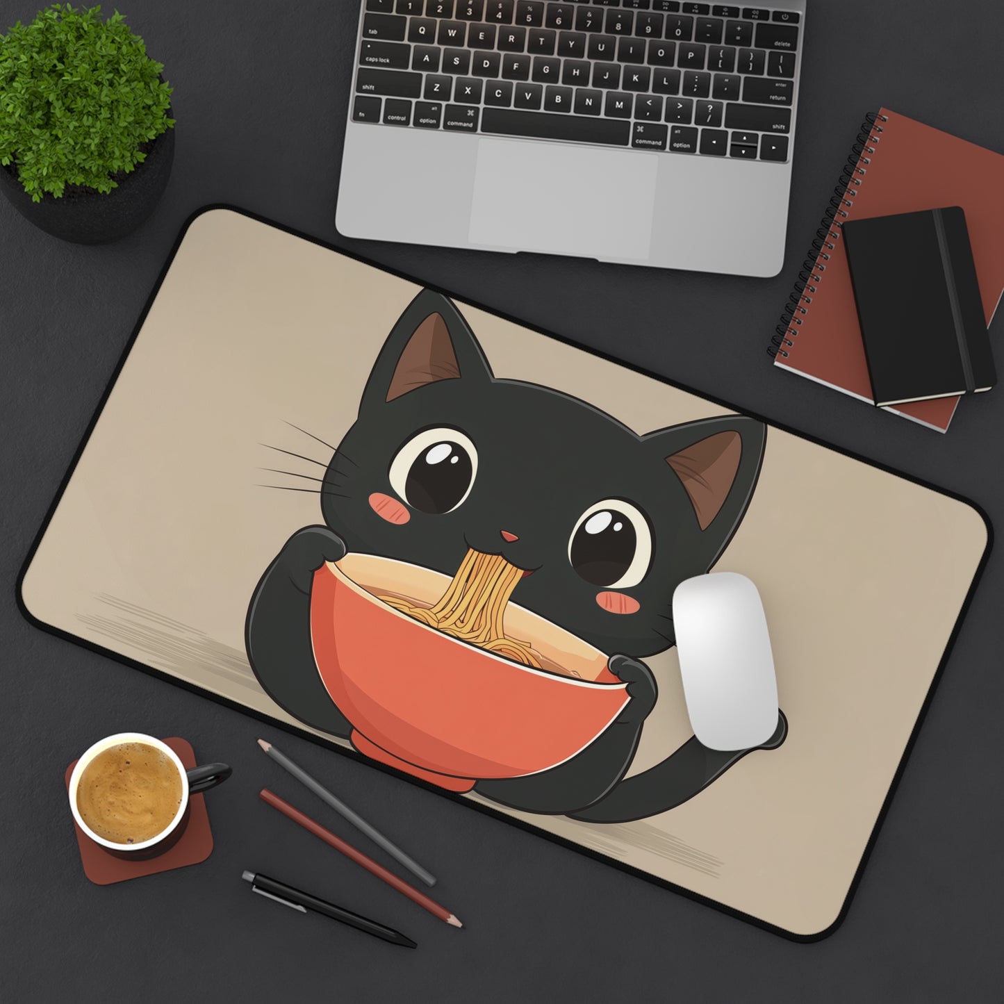Cute Black Cat Desk Mat, Kawaii Mouse Pad for Cat Lovers, Black Cat Eating Ramen Desk Pad