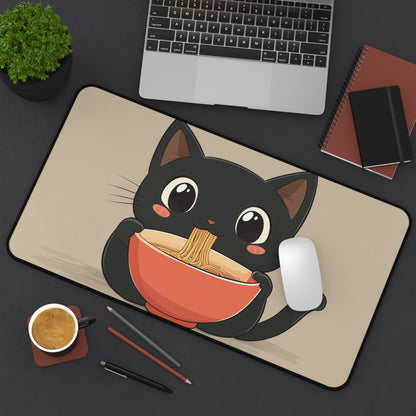 Cute Black Cat Desk Mat, Kawaii Mouse Pad for Cat Lovers, Black Cat Eating Ramen Desk Pad