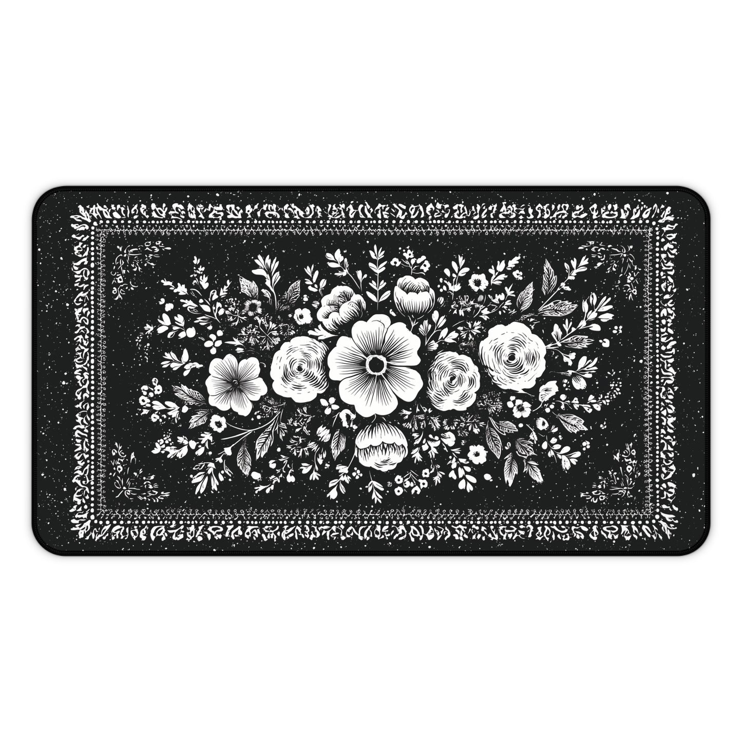 White Rose Desk Mat: Vintage Bouquet on Black Mouse Pad
