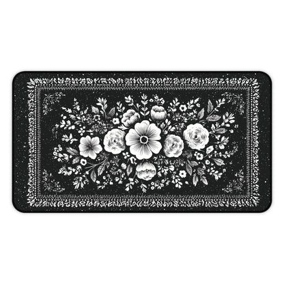White Rose Desk Mat: Vintage Bouquet on Black Mouse Pad