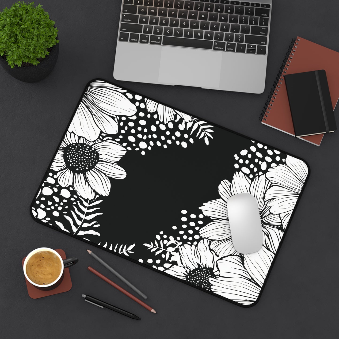 White Daisy Desk Mat: Bold Black & White Floral Mouse Pad