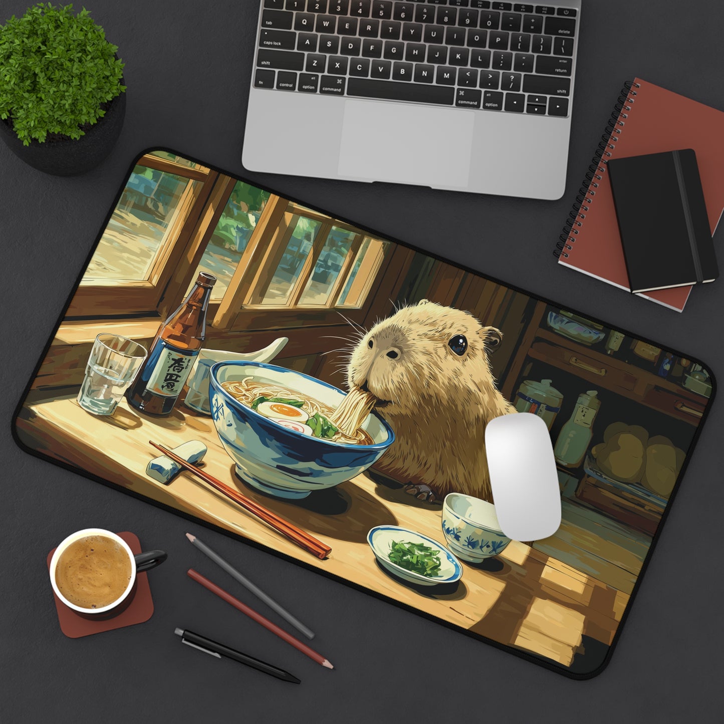 Capybara Ramen Desk Mat, Funny Anime Animal Mouse Pad
