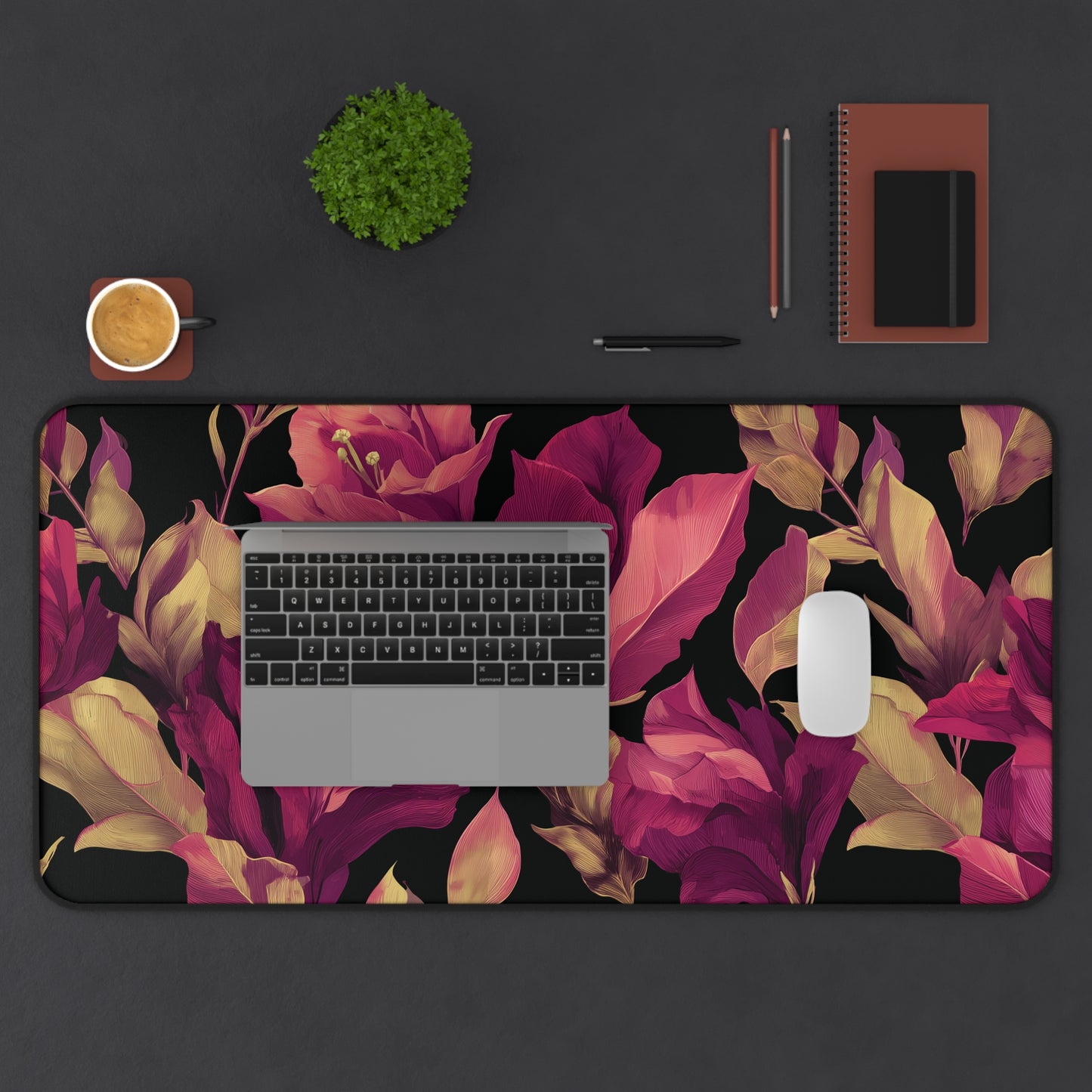 Magenta Lily Desk Mat: Burgundy & Gold Botanical on Black