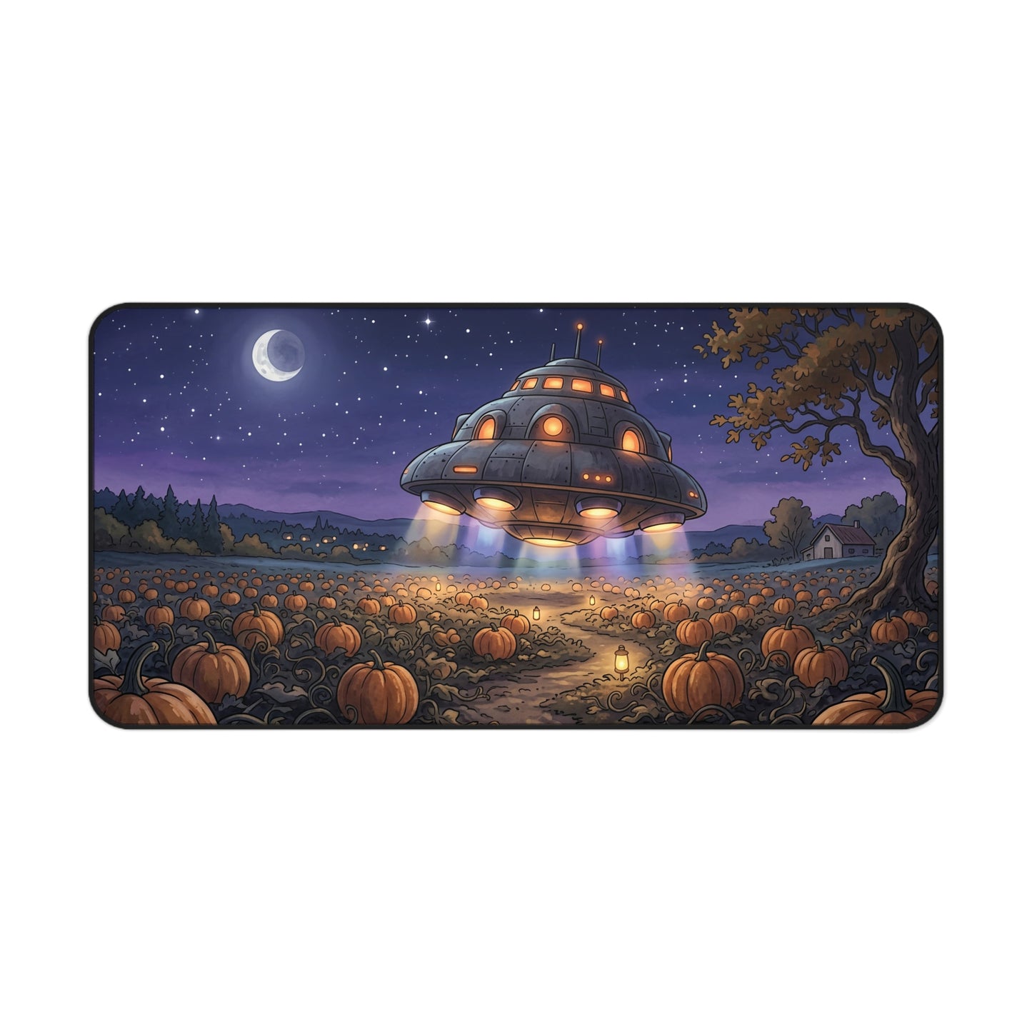 A rectangular desk mat with rounded corners featuring a colorful cartoon illustration of a glowing UFO flying over a pumpkin patch at night under a starry sky and crescent moon.
