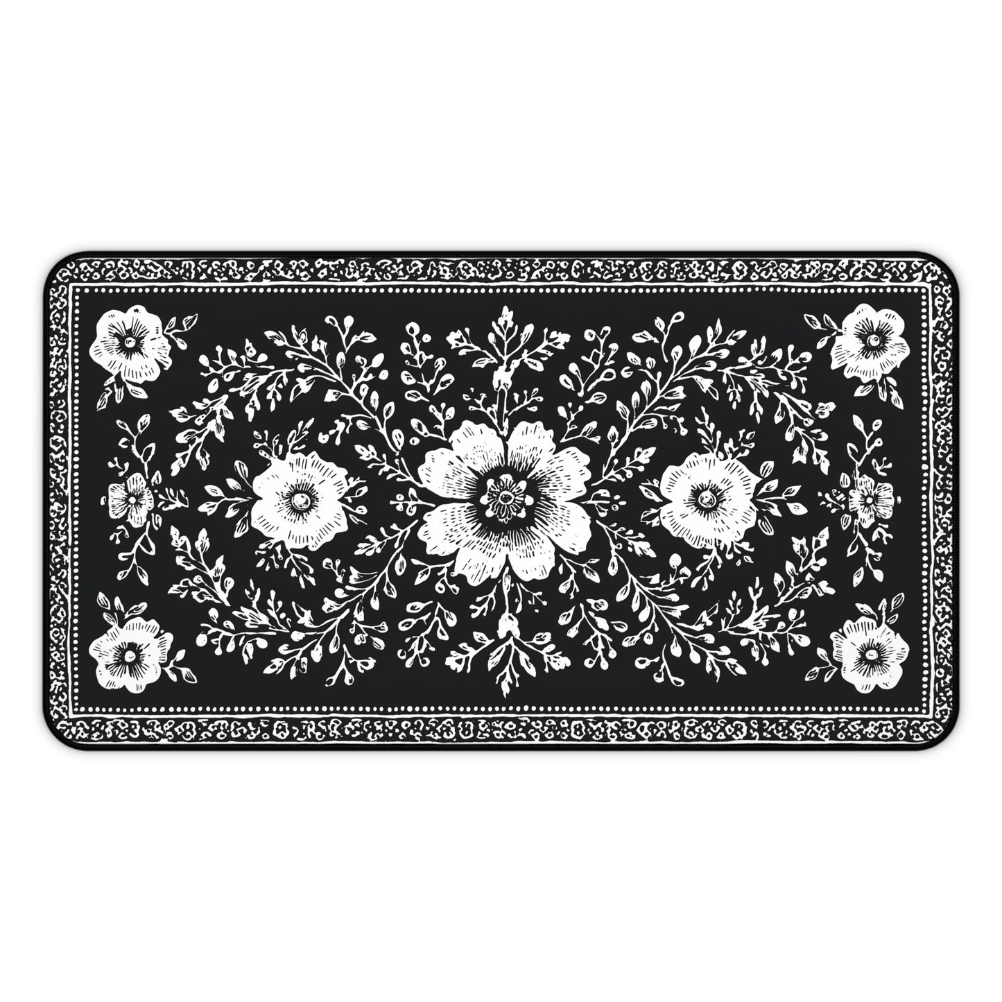 Black Floral Desk Mat: Botanical Folk Art Design