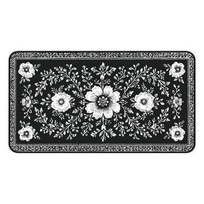 Black Floral Desk Mat: Botanical Folk Art Design