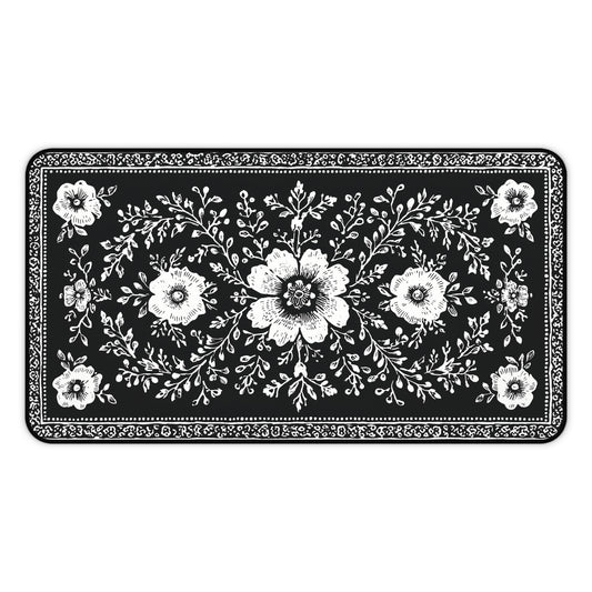 Black Floral Desk Mat: Botanical Folk Art Design