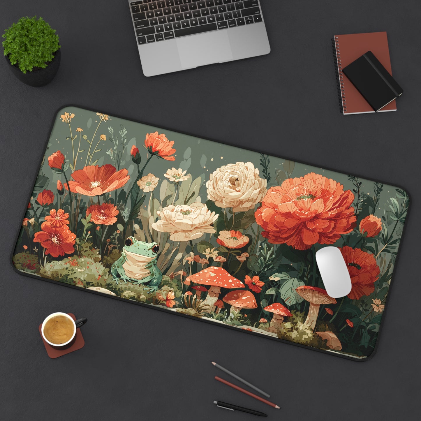 Whimsical Frog and Mushroom Desk Mat XL