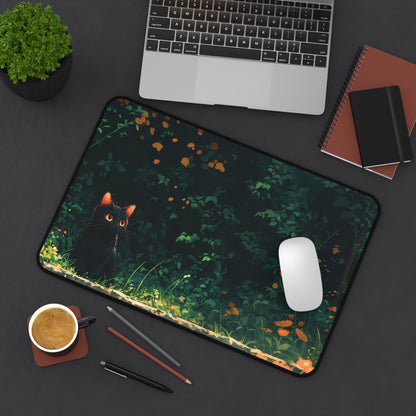 Dark Garden Desk Mat, Black Cat Mouse Pad Lofi, Aesthetic Plants Desk Pad