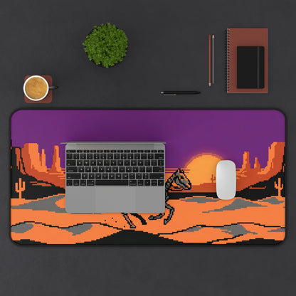 Pixel art cowboy desk mat featuring a western desert sunset pixel scene with purple frame