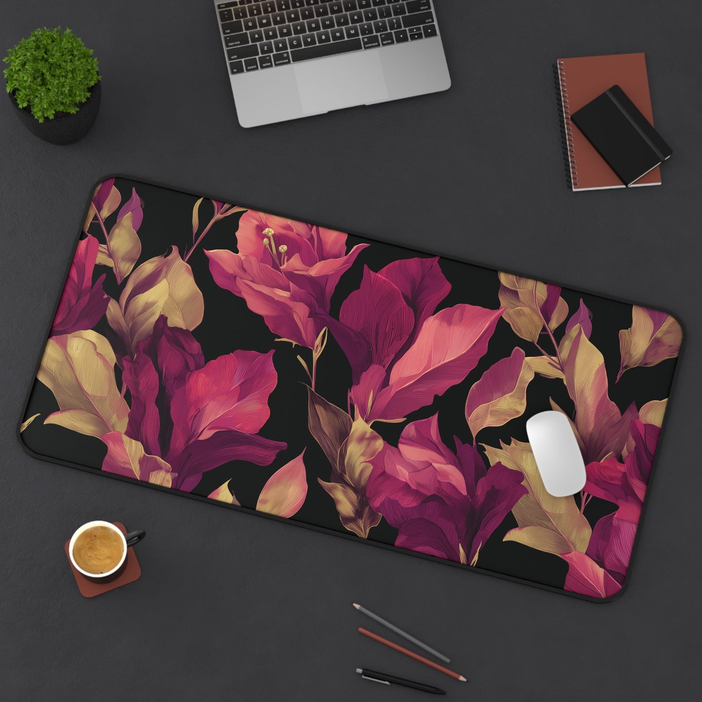 Magenta Lily Desk Mat: Burgundy & Gold Botanical on Black