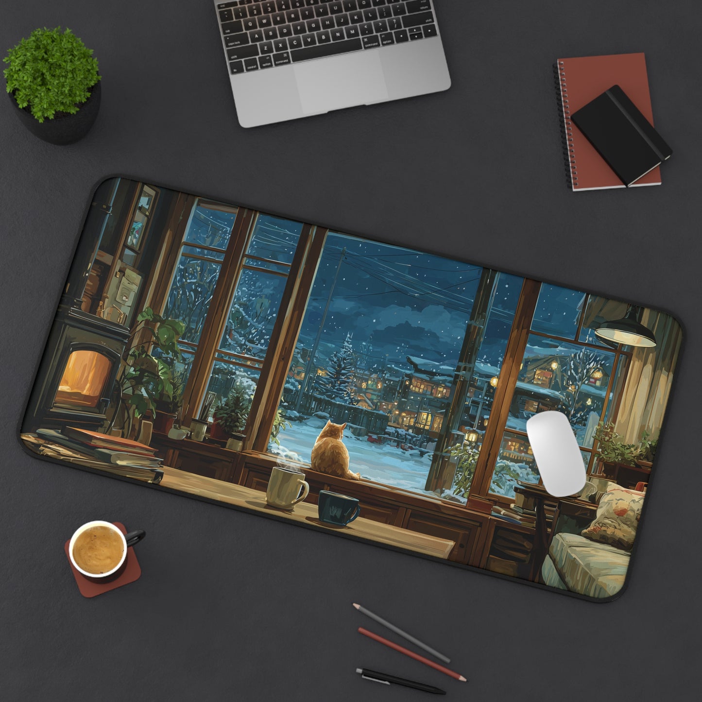 Cozy Winter Cat Desk Pad Anime Style, Christmas Office Decor