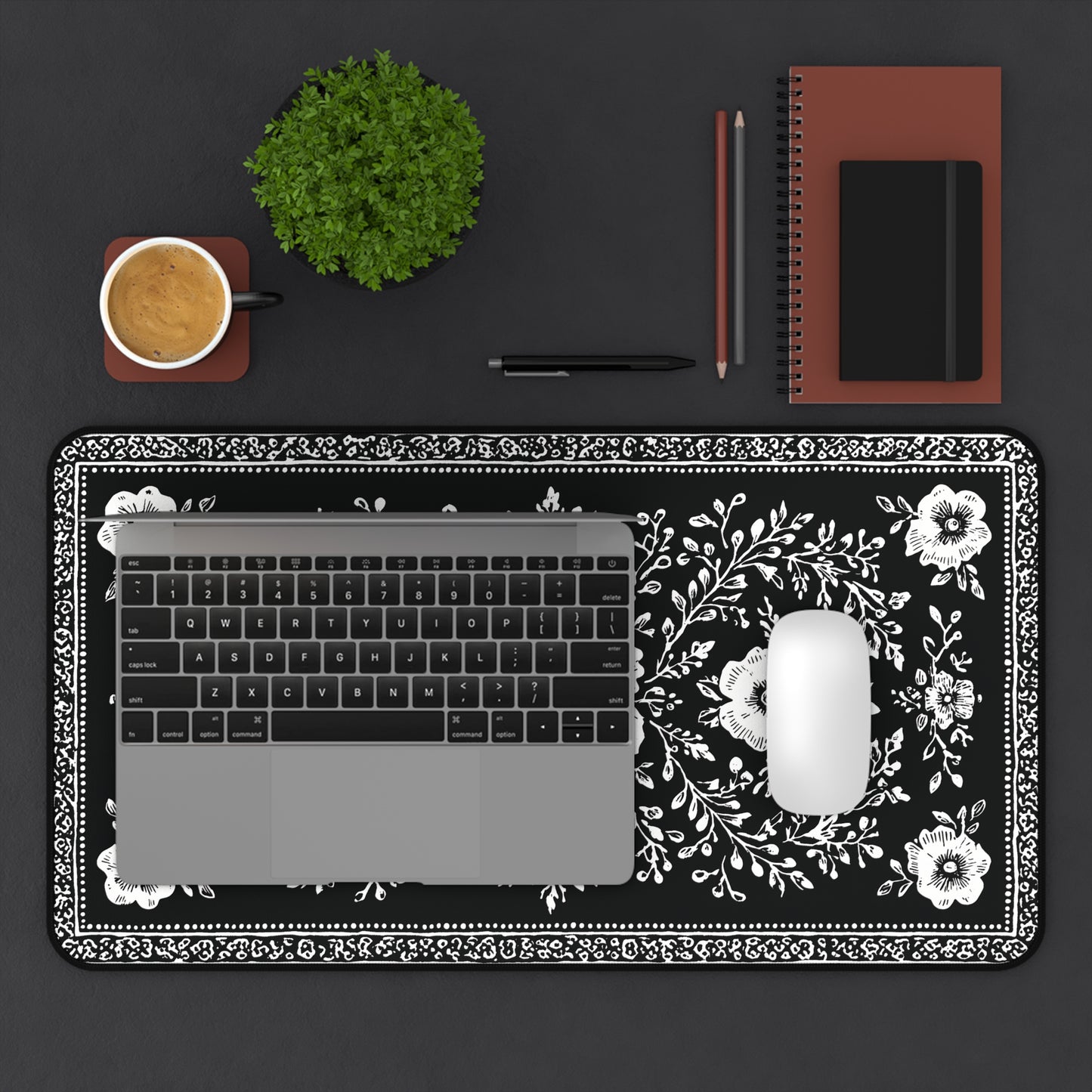 Black Floral Desk Mat: Botanical Folk Art Design
