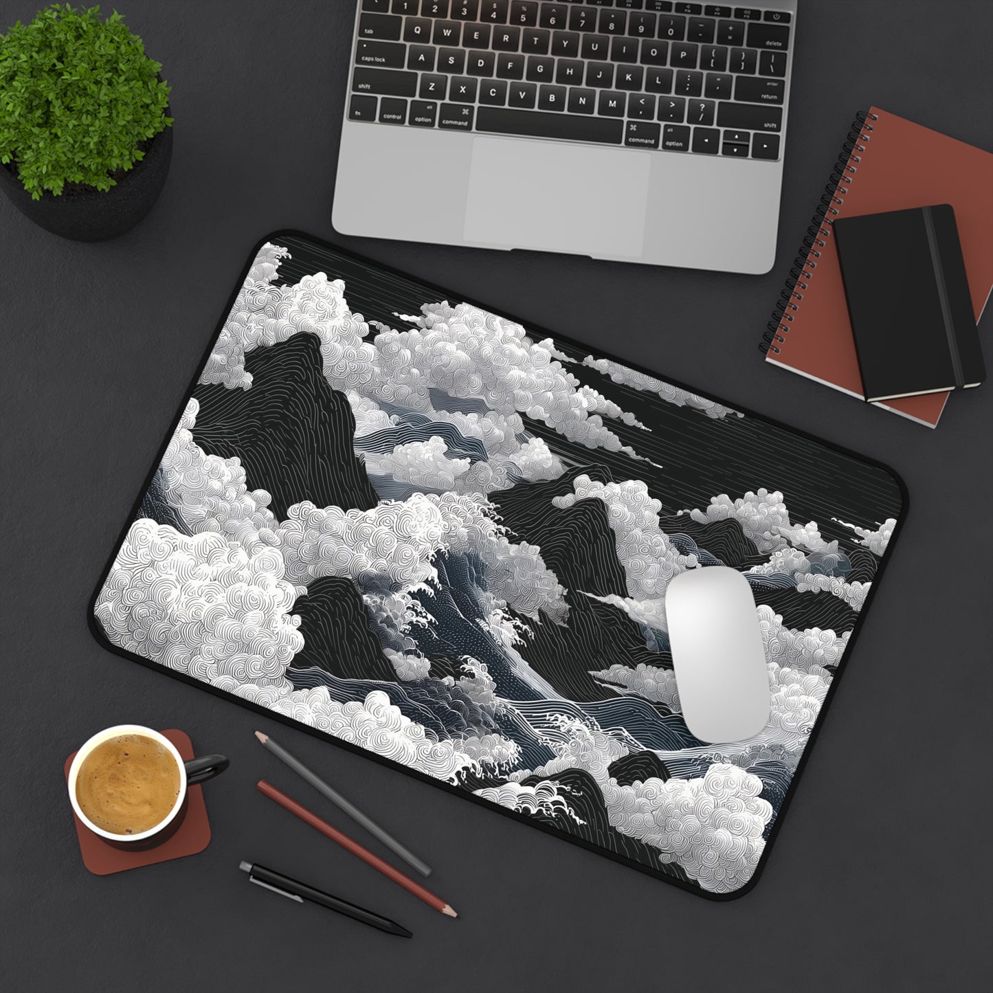 Black & White Mountain Clouds Desk Mat
